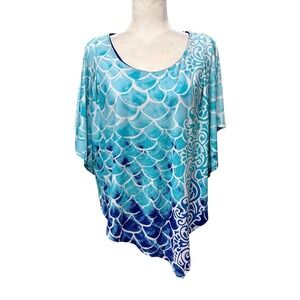 Kaftan Asymmetrical Women Size L Pet. Blouse Blue Beach Coastal Stretch Knit Top